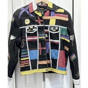 VTG MODI Sequin Patchwork Denim Jacket Women's M Boho Statement 1970-80s FLAW